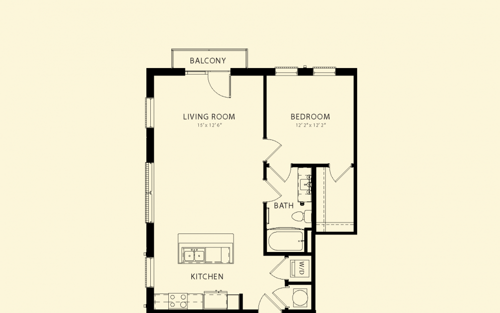 Floor plan for 1 bed, 1 bath, 736 sqft